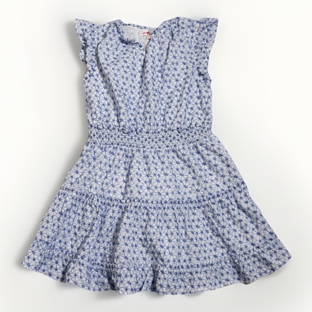 Design History Girls Cotton Floral Dress L 12 14 Blue White Smocked Flutter Mini
